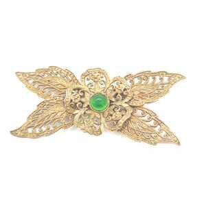 Vintage 1940 Brooch Pin Filigree Leaves Brilliant Green Stone Hollywood Regency
